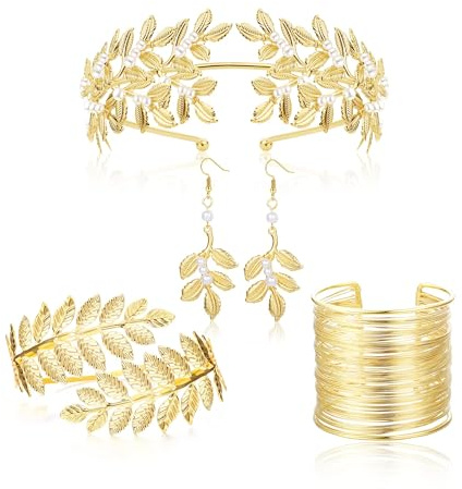 LOLIAS Disfraz Diosa Griega Mujer Diosa Griega Accesorios Laurel Hoja Corona Diadema Brazo Banda Brazo Carrete Hoja Pulsera Perla Pendiente Novia Boda Tocado Bisutería Collar Dorado