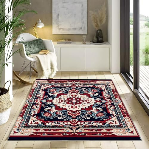 Teppich Orientteppich komplexes Muster Waschbarer Teppich Wohnzimmer, Antibakteriell 90 x 150 cm Antirutschunterlage Küchenteppich für Schlafzimmer Esszimmer Rot