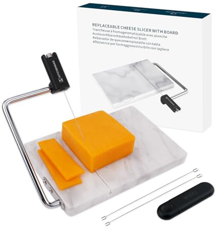 KITCHENDAO Replaceable Wire Cheese Slicer with Board,Tightness Adjustable Cheese Slicer,Marble Cheese Cutter for Block Cheese,Easy to Replace,with 2 Extra Upgrade Strong Wires