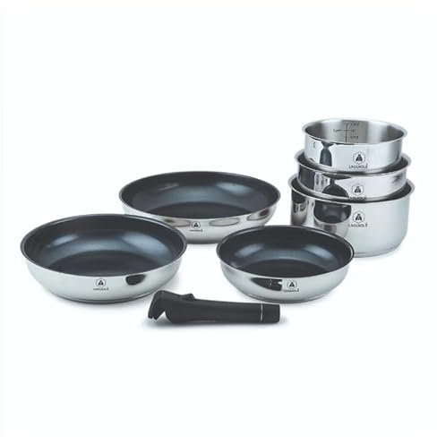 LAGUIOLE, Set cucina 7 pezzi in acciaio inox con rivestimento ceramico antiaderente, manico removibile, compatibile induzione, varie dimensioni, 3 pentole + 3 padelle, Argento