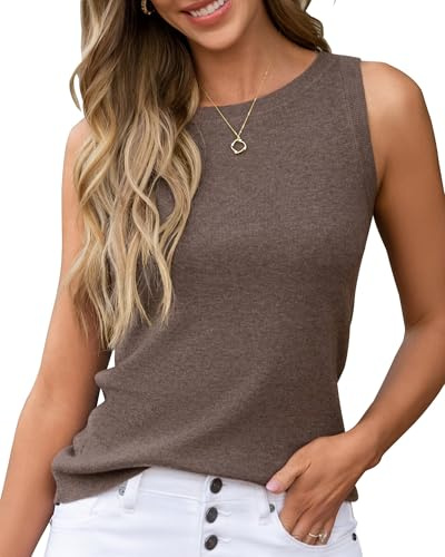 Arach&Cloz 2026 Womens Cashmere Tank Tops Summer Fall Sleeveless Vest Crew Neck Soft Sweater Cute Fashion Dressy Business Casual Outfits Knit Trendy Work Teacher Clothes Coffee Brown S