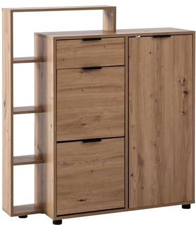FineBuy Schuhschrank 98x30x110 cm Eiche-Dekor mit Schublade, Regal | großer Schuhkipper hinten geschlossen, Schuhkommode mit offenem Fach, schützt die Wand, Flurschrank