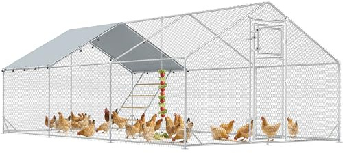 PawHut Gallinero para Exterior 18 m² 3x6x1,95 m para 18-24 Gallinas Gallinero de Acero Galvanizado con Percha Comedero Colgante Tipo Brocheta Cerradura Cubierta Anti-UV Impermeable para Conejos Plata