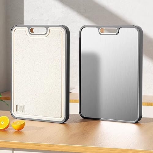 1 pieza Tabla Cortar Acero Inoxidable 304 , Tabla para Cortar Cocina, Doble Cara Cutting Board, Acero Inoxidable Apto para Uso Alimentario Y Paja De Trigo, para Cocinar Carne, Verduras, Frutas, Pan