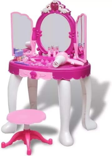 Abaseen Girls Pink Glamour Dressing Table | Musical Vanity Play Set with Light Up Mirror | Makeup Desk & Stool for Kids
