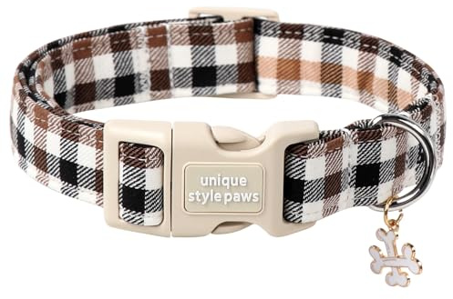Unique Style Paws Baumwolle Halsband mit Schnellverschluss - Braun Kariert, langlebig und niedlich für Kleine, Mittel- und Großzügige Rüden und Hündinnen