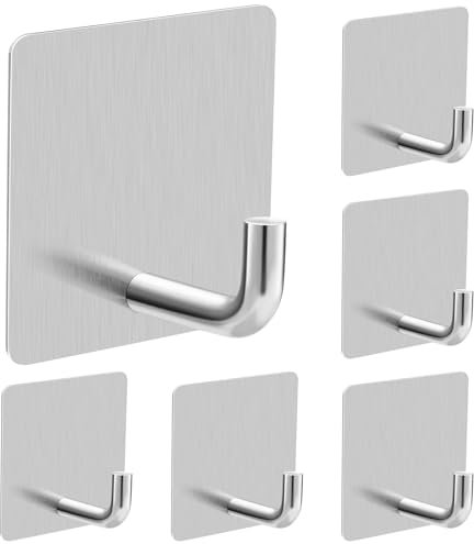 MIEWAA Klebehaken ohne Bohren 6er Set Handtuchhaken Badezimmer Edelstahl Wandhaken Haken Selbstklebend Höchstbelastbar bis 10KG Wasserdicht Rostfrei für Bad Küche Handtuchhalter Silber