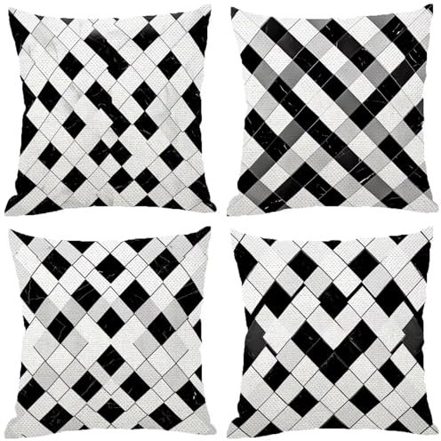 Fodere Cuscini da Esterno Impermeabili, Tartan Federe Cuscini Divano 70x70 Quadrate Set di 4, Doppia Faccia Stampa Lino Cushion Covers Nero Cerniera Invisibile per Aesthetic Room Decor, Regalo Z-438