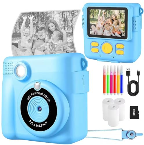 Kids Instant Print Camera with 32GB Card – Unisex Digital Toy Camera with Thermal Printing, 2.4 Screen, 1080P Video, DIY Frames, MP3 & Games for Boys & Girls (Blue)