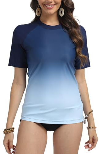 SURFEASY Rash Guard da Donna Manica Corta UPF 50+ Protezione Solare, Costumi da Bagno Maglia Protettiva per Nuoto Snorkeling Surf (Sfumatura Blu Navy, 3XL)