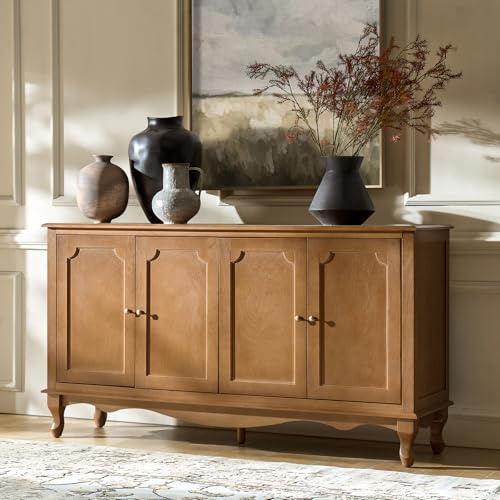 HULALA HOME Sideboard Buffet Cabinet with Storage, 58 Kitchen farmhouse Wood Credenza Storage Cabinet with 4 Doors and 2 Shelves, Accent Console Table with Solid Wood Legs & Adjustable Shelves, Acorn