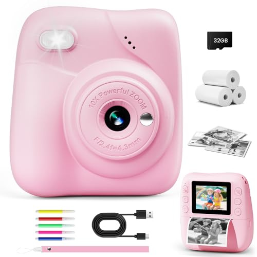CAMCLID Kids Camera Instant Print, 1080P HD Kids Instant Camera with 32G Card & 3 Rolls Print Paper, Portable Toddler Toy, Christmas Birthday Gifts for Boys Girls Age 3-12 (Pink)