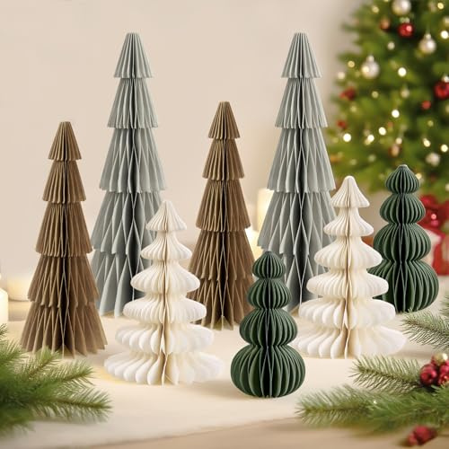 PATTEPOINT 8 Stücke Weihnachtsdekoration 3D Papier Weihnachtsbaum Waben Papiertannenbäume Weihnachten Tischdeko für Esstisch Schrank Fensterbank Kaminsims