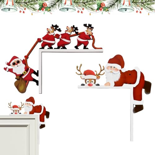 FuxFuis 2 Pz Decorazioni Natalizie per Telaio Porta, Addobbi Natalizi in Legno per Porta Cornice, Decorazioni Carine e Creative di Babbo Natale e Renne, Addobbi di Natale Finestra, Oggetti Natalizi