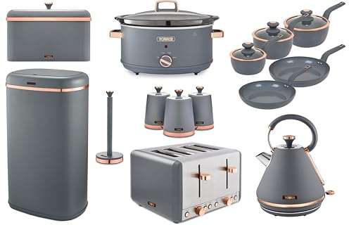 Tower Cavaletto Grey Kettle, 4 Slice Toaster, 6.5L Slow Cooker, Bread Bin, Canisters, Kitchen Roll Holder, 5 Piece Pan Set & 58L Sensor Bin. Complete Kitchen Set of 14 in Grey with Rose Gold Accents
