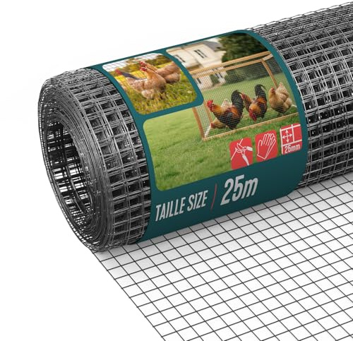VOUNOT® Drahtgitter 0.5x25m auf Rolle, Maschenweite 25 mm, Drahtstärke 1 mm, Wühlmausgitter Hasendraht Volierendraht, Maschendraht feinmaschig für Garten Kleintierzaun, PVC-beschichtet Grau