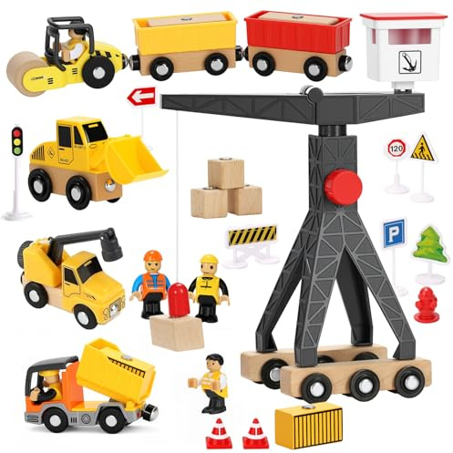 BBWELL Giochi Bambini 3Anni Veicoli Da Cantiere Giocattolo in Legno,Gru Giocattolo per Bambini con Gru a Torre Scavatore Autocarro con Cassone Ribaltabile Rullo Compressore,Regalo Bimbo 3Anni Maschio