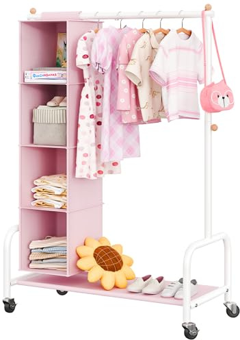 GRANNY SAYS Klädstång för Barn med Hängande Förvaringsfack, Klädstång med Hjul för Barn, Klädställ för Barn Organisering av Barnrummet, Rosa/Vit