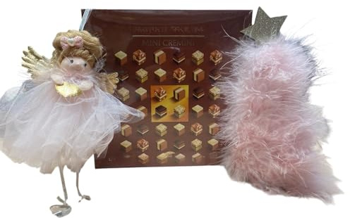 composizione natale Scatola Mini Cremini con Decorazioni Natalizie, Set Regalo con Cioccolatini 165g, Angioletto in Piume Rosa 15cm e Albero Decorativo 19cm