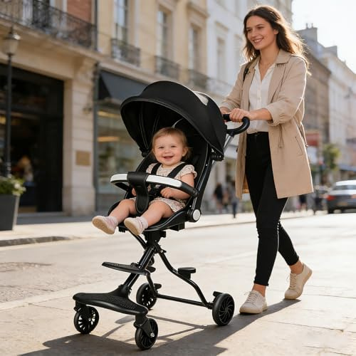 Supfine Kinderwagen, Ultraleicht Reisebuggy mit Verstellbarem Sitz, Regenverdeck Zusammenklappbar 3-Punkt-Sicherheitsgurt, bis 15 kg, 108 cm Gesamthöhe (Schwarz)