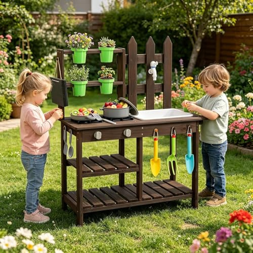 LALAHO Wooden Mud Kitchen for Kids with Toy Sink, Plant Pots | Outdoor Play Kitchen, Included Plant Pots, Blackboard, Stove, Cookware & Accessories for Garden, Backyard, For Ages 3+