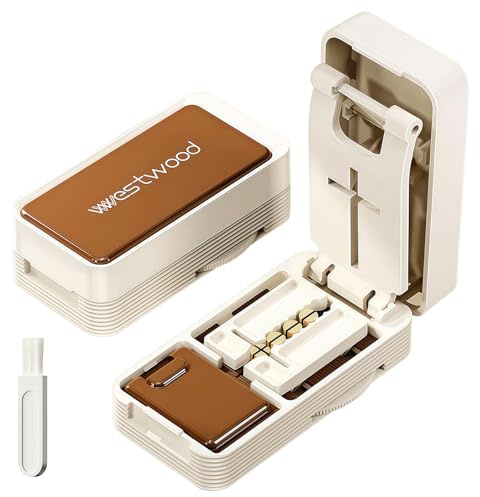 Divisorio per compresse regolabile, diviso in 1/2 e 1/4 con scomparto portaoggetti, spazzolina, piccolo divisore per compresse, taglia compresse portatile, lama nascosta in acciaio inossidabile