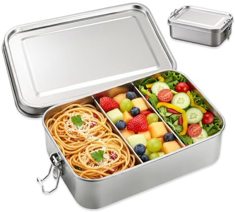 HMCEY Fiambrera De Acero Inoxidable 850 ML,Fiambreras Comida Trabajo con 2 Compartimentos,Lunch Box,Caja de Almacenamiento de Alimentos,Recipiente Metalico Hermetico para Viajes, Colegio, Picnic