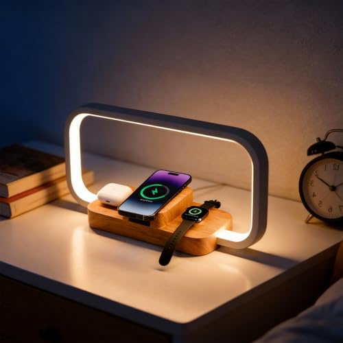 Wxeadu Bedside Lamp with Wireless Charger, 3-in-1 Touch Control Night Light with Clock, Dimmable Nightstand Lamp with 5 Color Modes, Modern Table Lamp for Bedroom, Gift for Women & Men(Yellow)