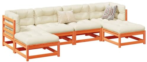 Owoxanthellate Garten-Sofagarnitur 6-TLG. Massive Kiefer 70x70 cm wetterfest & modular Lounge-Set mit cremefarbenen Oxford-Kissen für Terrasse Balkon und Wintergarten
