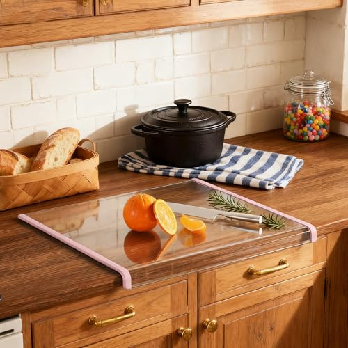 GlassCuisine Curved Edge Toughened Glass Chopping Board (Pink Silicone, 43x33.5cm), Heat & Scratch Resistant Non-Slip Worktop Saver, Food-Safe, Dishwasher Safe & Easy to Clean