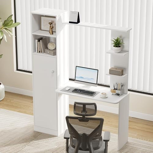 BTM Schreibtisch mit Schrank und Aufsatzregal, Modernes Bürotisch Schreibtisch mit Stauraum und Regal Weiß