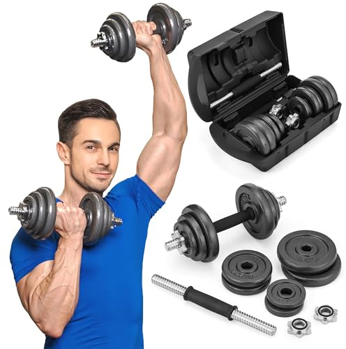 Gymtek Set d'haltères en fonte avec fermetures étoilées - Haltères 20kg - Barre d'haltère chromée, Set d'haltères courtes, Poids haltères, Haltères réglables, Accessoires de gym pour l'entraînement de