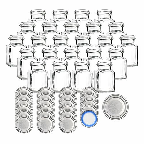 gouveo 48er Set Einmachgläser 150 ml eckig mit Schraubverschluss silberfarben BS - Kleine Vorratsgläser mit Deckel - Leere Gewürzgläser, Marmeladengläser, Einkochgläser (EGE150SBS)