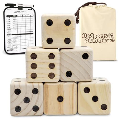 GoSports Giant 3.5 Inch Wooden Playing Dice Set with Bonus Rollzee Scoreboard (Includes 6 Dice, Dry-Erase Scoreboard and Canvas Carrying Bag)