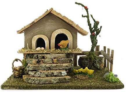 Ferrari & Arrighetti Pollaio con Aia per Presepe, Casetta con Galline per Presepe Tradizionale, Legno e Resina, 15x19x14 Cm