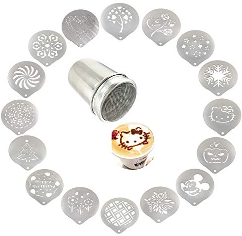 Lofekea Stainless Steel Powder Shakers Coffee Cocoa Cinnamon Shaker Cans Mesh Duster with 16PCS Stainless Steel Barista Coffee Decorating Stencils Template for Latte Cappuccino, Cupcake Stencils