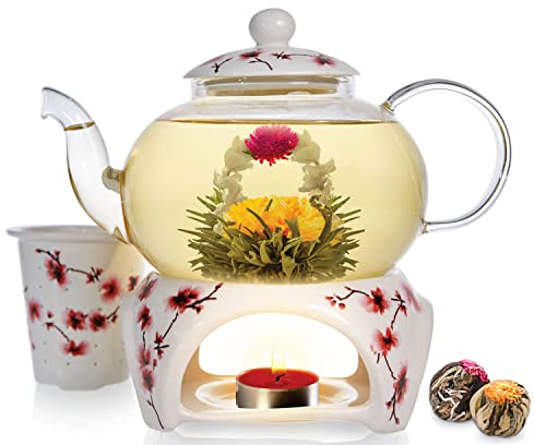Teabloom Petite Cherry Blossom Teapot & Flowering Tea Gift Set - Glass Teapot (27 OZ / 2-3 Cups), Porcelain Lid, Loose Tea Infuser, Tea Warmer + Candle, 2 Flowering Teas