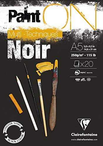 Clairefontaine 975168C - Zeichenblock / Skizzenheft PaintON, DIN A5 14,8x21 cm, kopfseitig geleimt, 20 Blatt, 250g, 100% Zellulose, ideal für Mixmedia, leichte raue Oberfläche, Schwarz, 1 Stück