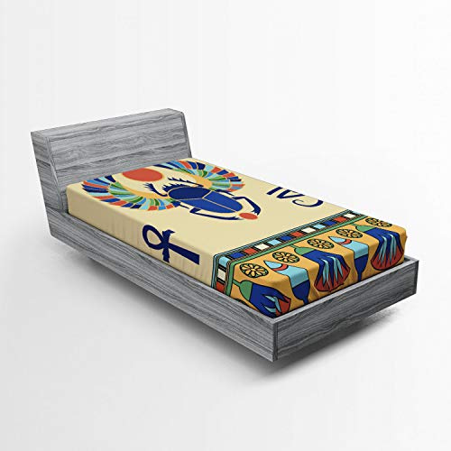 ABAKUHAUS égyptien Drap-Housse, Scarab Eye Motif, Pochette Élastique Tout Confort pour Literie en Tissu Décoratif, 90 x 200 cm, Couleurs Coquille D'Œuf