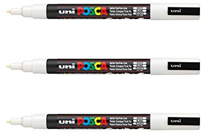 POSCA Mitsubishi Pencil - 3 pennarelli bianchi PC3M, punta conica, punta fine, pennarello a base d'acqua, qualsiasi supporto, per carta, tessuto, vetro, ciottoli, legno, ecc.
