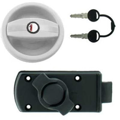 Serrure extérieure Blanche avec Serrure intérieure Noire à Bouton pour Porte de Caravane avec Ouverture à Droite + Barillet & clés