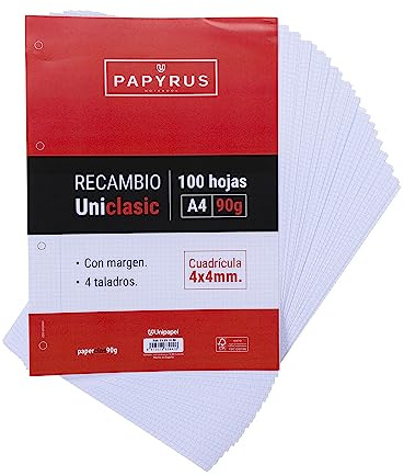 Unipapel Nachfüllblätter kariert 4 x 4 mm, mit Rand, 90 g, Papier, weiß, A4, 100 Stück