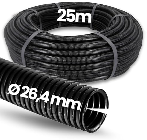 Kalitec 25m Wellrohr geschlitzt NW 26 - Wellschlauch Marderschutz Schwarz | UV-beständiges Kabelschutzrohr aus Polypropylen - Flexibles Leerrohr offen - Marderschutz für Auto & Außenbereich - NW 26