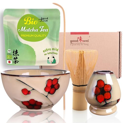 Goodwei Juego de Matcha - 30g Té Matcha Biológico Japonés, Cuenco Ceremonial, Batidor y Soporte (Plum)