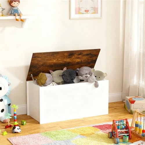 Costzon Toy Storage Chest, Wooden Storage Bench Ottoman Trunk w/Flip-top Lid, 35.5” Toy Cabinet Organizer w/Pneumatic Rod for Kids Room, Playroom, Nursery (Rustic Brown + White)