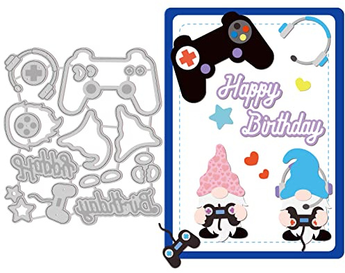 GLOBLELAND 1 Blatt Metall Spielkonsole und Zwerg Prägeschablone Kopfhörer Stanzformen Happy Birthday Stanzform Set für Karten Scrapbooking Karte DIY Handwerk