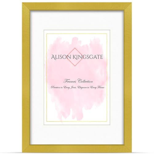 Alison Kingsgate A2 Gold Picture Frame with Mount for A3 Photos | Engineered Wood with Precision-Cut Cardboard Mount - Ideal for Posters, Documents, Artwork, Certificates & Home Decor