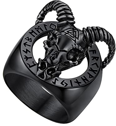 U7 Herren Schädel Ziegenkopf Ringe Statement Ring Edelstahl Wikinger Bandring Satanic Runenring Casual Modeschmuck Street Style Accessoire für Männer Jungen(Ring Größe 54)