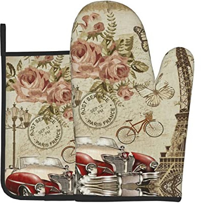 Paris Vintage Postkarten-Ofenhandschuhe und Topflappen-Set: >> für Küche, dekoratives Grillen, Kochen, Backen, Grillen, heiße Pads, hitzebeständig, waschbar für Theke