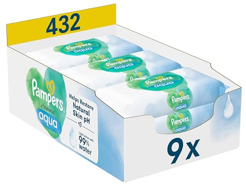 Pampers Harmonie Aqua Baby Wipes Plastic Free 9 Packs of 48 Wipes, 432 Baby Wet Wipes, Help restore natural skin pH, Delicate lotion with 99 percent water